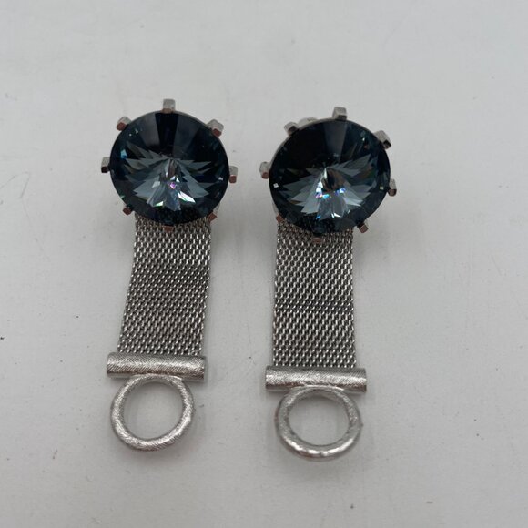 Vintage Dante Silver-Tone Cufflinks With Blue Rhinestones & Mesh Chain Design - Picture 2 of 5